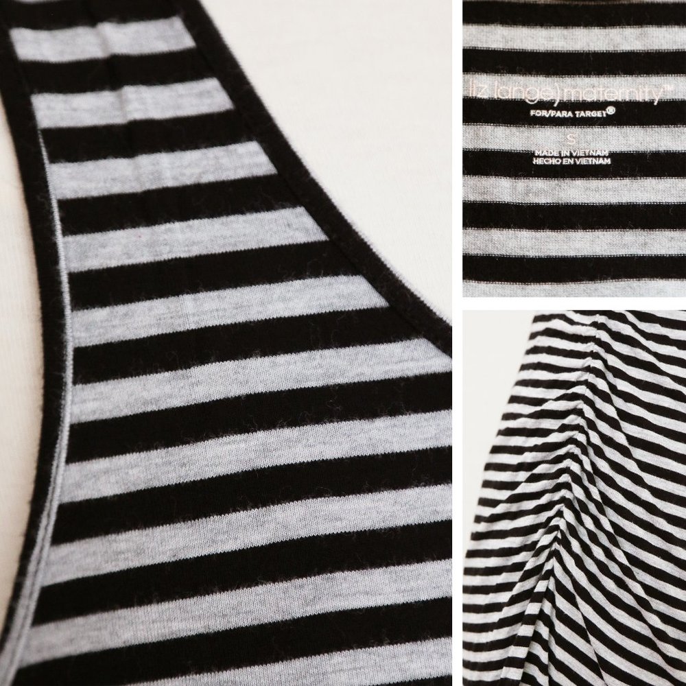 Liz Lange Maternity Gray Black Striped Ruched Gathered Sleeveless Midi Dress S - Picture 7 of 9